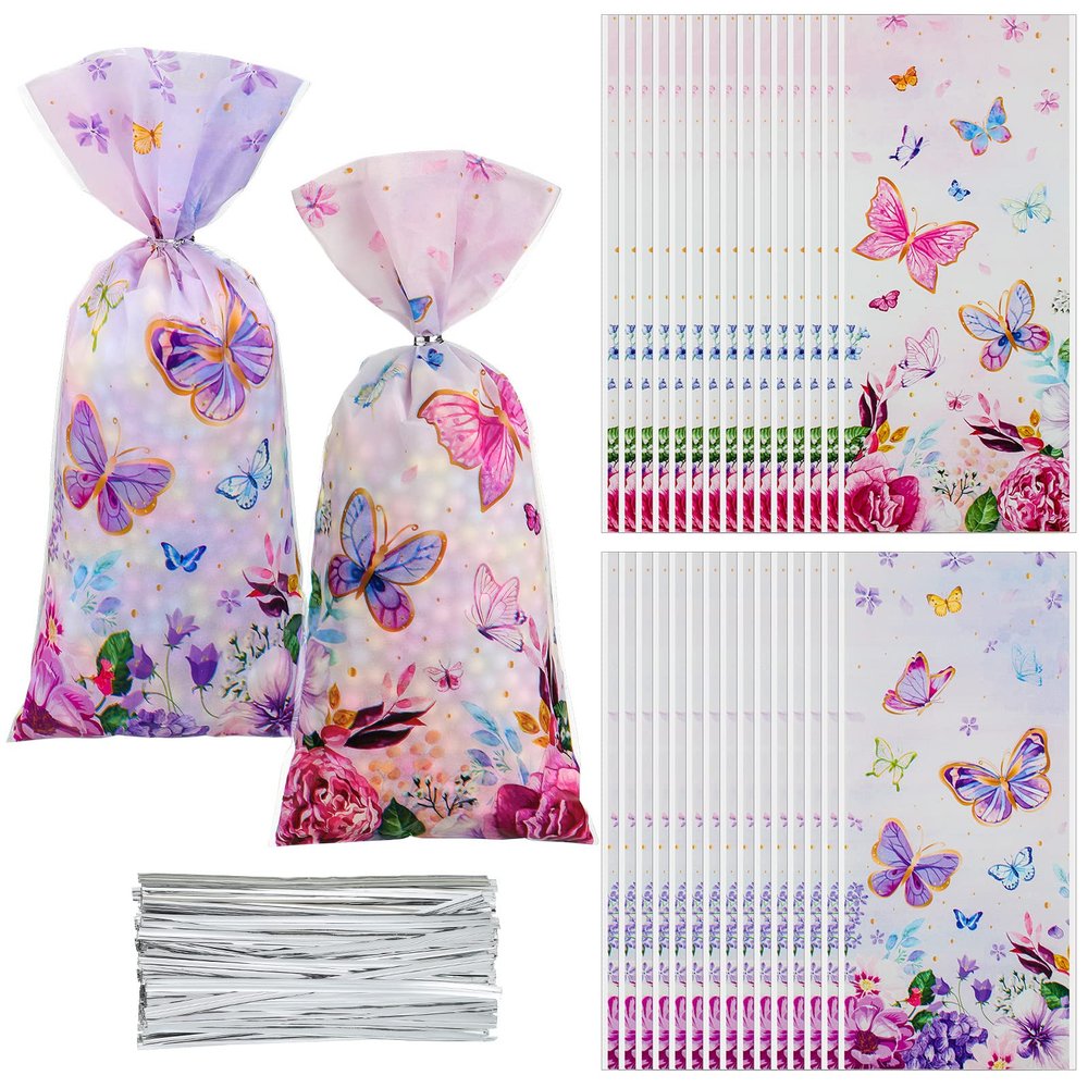 100 Pcs Butterfly Gift Bags - 10.8 x 5 Inch Butterfly Goodie Bags Cellophane Spring Flower Treat Candy Bag Party Favor Bag with 150 Twist Ties for Girls Butterflies Baby Shower Birthday Party Supplies