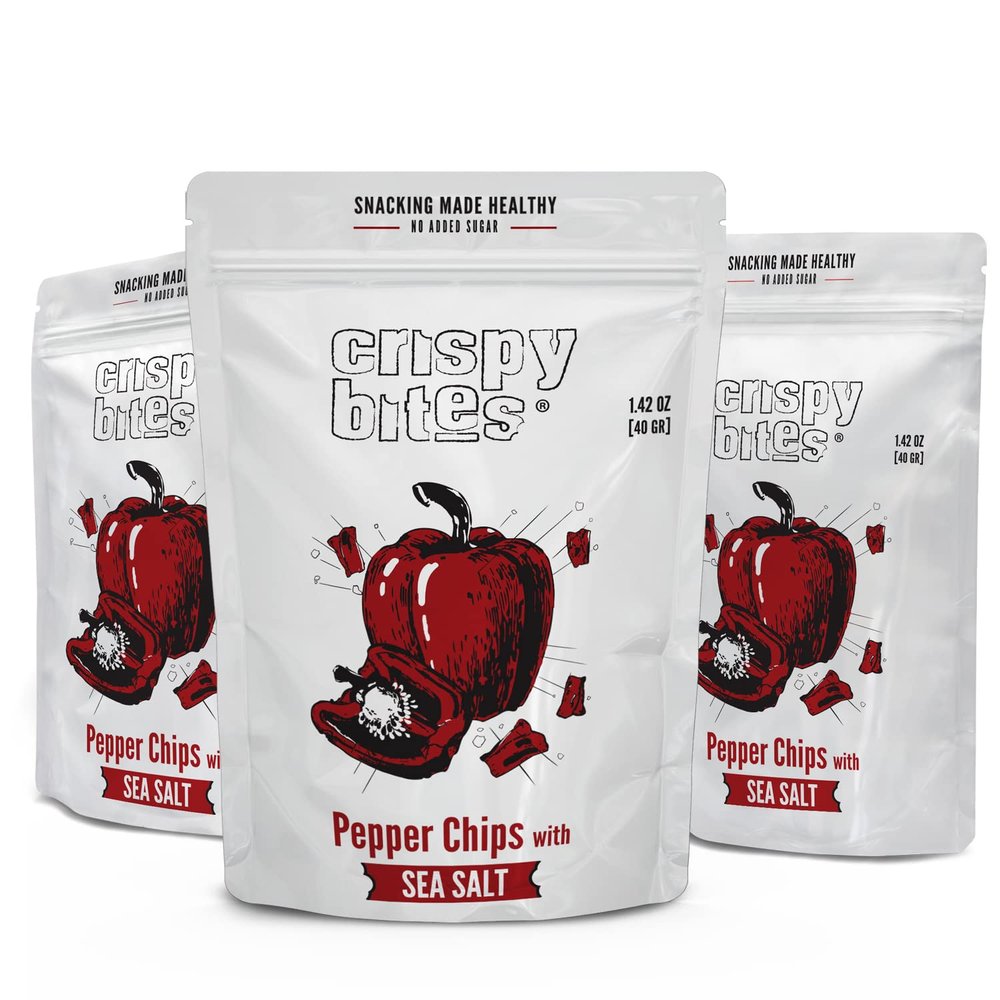 Baked Bell Pepper Chips, No Oil Added, Vegetable Crisps, No Sugar Added, Gluten Free, Healthy Snack, Vegan, Salad Topper, Sea Salt, Dried California Peppers, 1.42oz Resealable Bags, Pack of 5