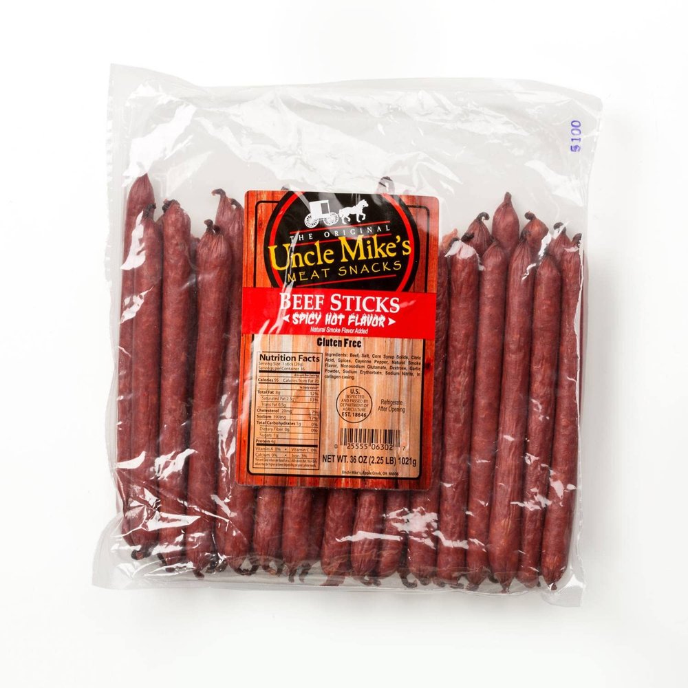 Walnut Creek Foods Uncle Mike's Original Beef Sticks Gluten Free Meat Snacks 36 Pieces, Spicy Hot Flavor