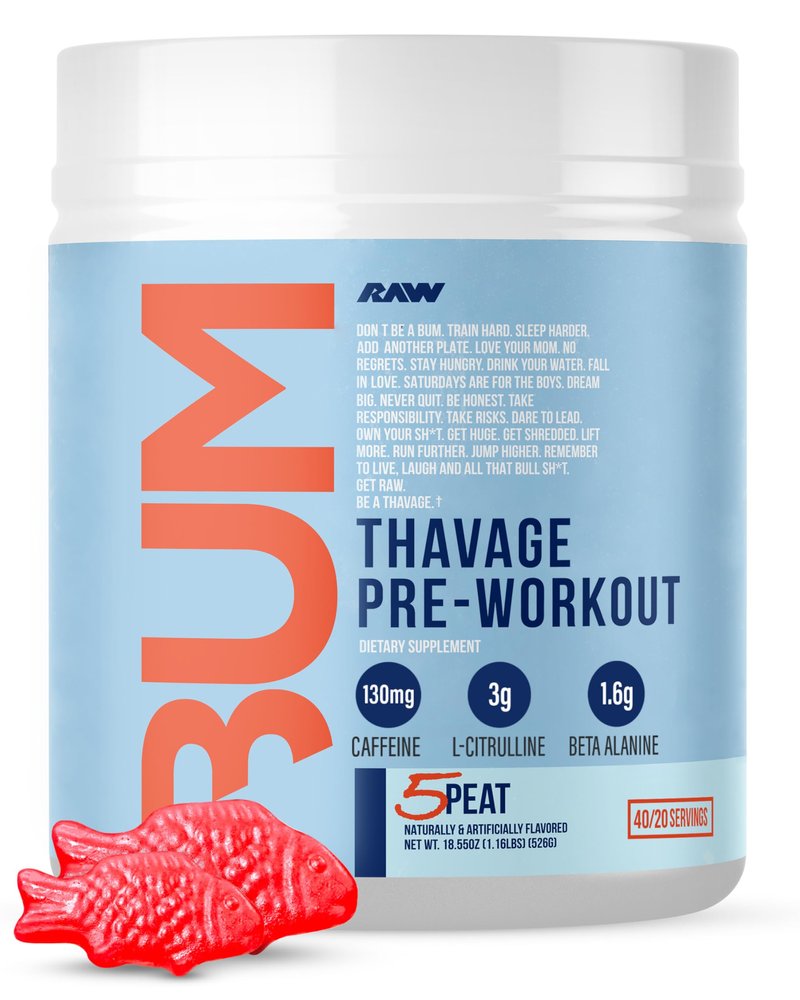 RAW Pre Workout Powder, Thavage (5 Peat, Red Gummy) - Chris Bumstead Sports Nutrition Supplement for Men & Women - Cbum Pre Workout for Working Out, Hydration, Mental Focus & Energy - 40 Servings