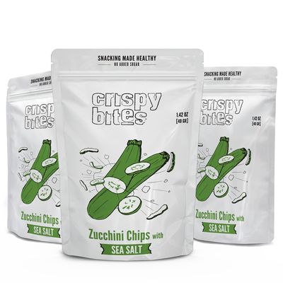 Baked Zucchini Chips, Oven Baked No Oil Added, Vegetable Crisps, No Sugar Added Gluten Free Healthy Snack, Vegan, Veggie Snack Pack, Salad Topper, Sea Salt, 1.42oz Sealable Bags, Pack of 5