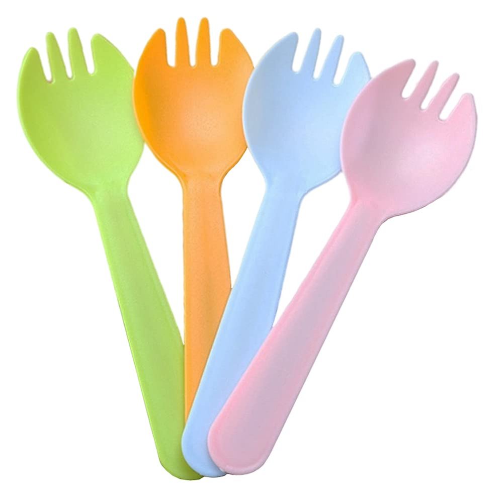 4.3" Mini Disposable Sporks 100ct, Plastic Spork 2-in-1 Utensils, 4 Colors, 25ct Individual Package Per Color - Made by Mavere