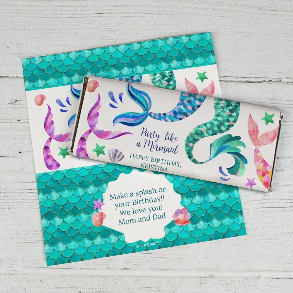 25ct DIY Mermaid Birthday Party Favors Personalized Wrappers for Chocolate Bars Kid's (25 Count) - Party Supplies