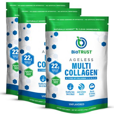 BioTrust Ageless Multi Collagen Peptides Powder 5 Types (I, II, III, V, X) Unflavored Collagen Powder for Women & Men Hydrolyzed Protein Grass Fed Beef, Fish, Chicken, Eggshell Membrane, 3-pk