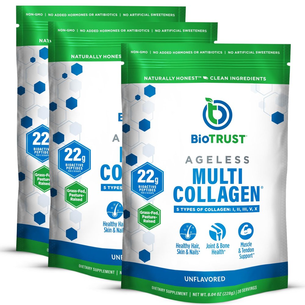BioTrust Ageless Multi Collagen Peptides Powder  5 Types (I, II, III, V, X)  Unflavored Collagen Powder for Women & Men  Hydrolyzed Protein  Grass Fed Beef, Fish, Chicken, Eggshell Membrane, 3-pk