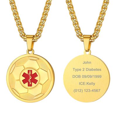 Supcare Medical Alert Tag with Gold Pendant, Soccer Necklace, Personalized Id Tag