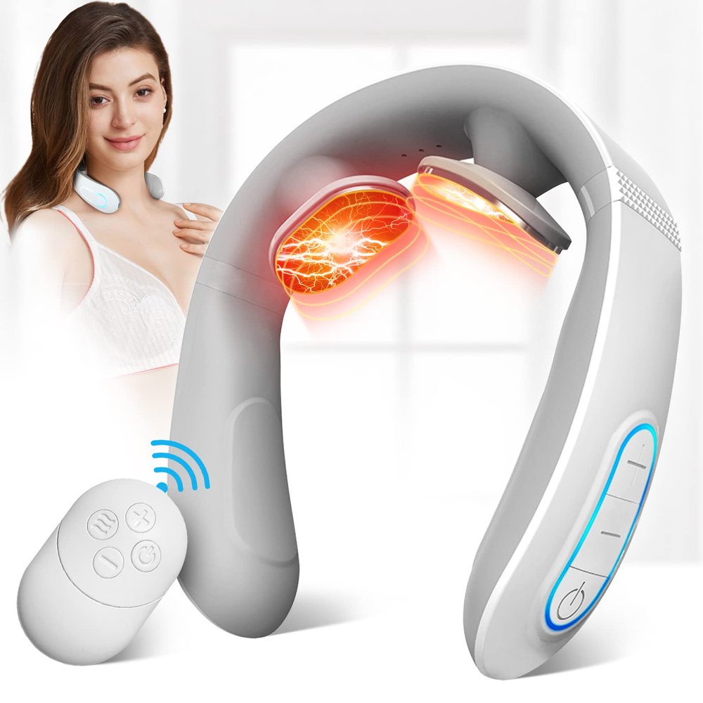 JICHAMOXY Electric Pulse Neck Massager with Heat for Pain Relief 10 Modes 15 Intensities Therapy Deep Tissue Trigger Point Intelligent Massager Cordless Gifts for Men Women