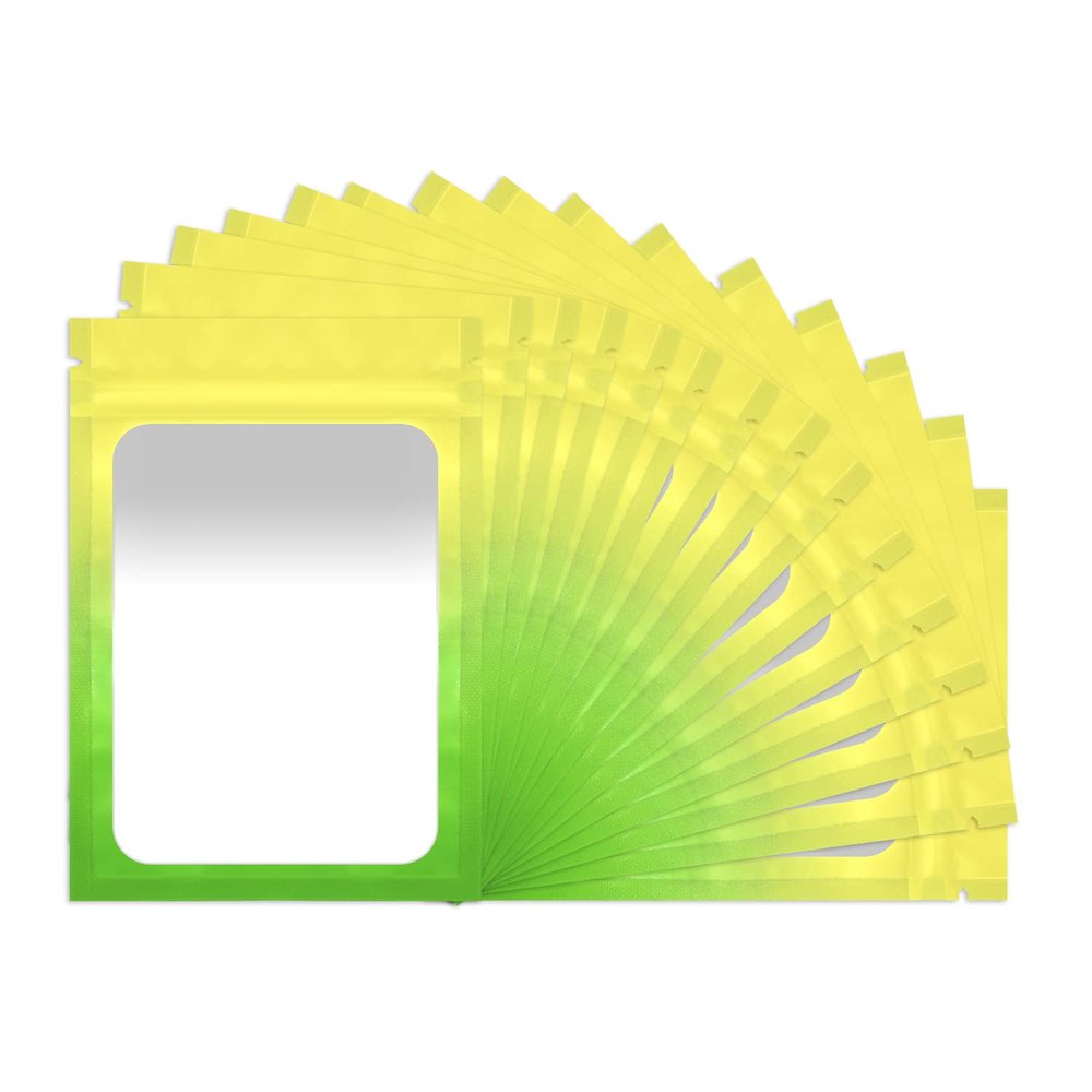 100 Pack Resealable Mylar Bags 3 x 4.7 Inch Smell Proof Bags with Clear Window Foil Pouch Bag Flat Bag Matte Yellow Green