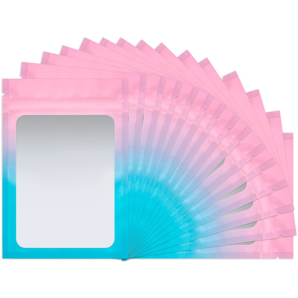 100 Pack Smell Proof Bags 5.9 x 8.7 Inch Mylar Bags with Clear Window Foil Pouch Bag Flat Baggies Matte Gradient Color (Pink Blue)