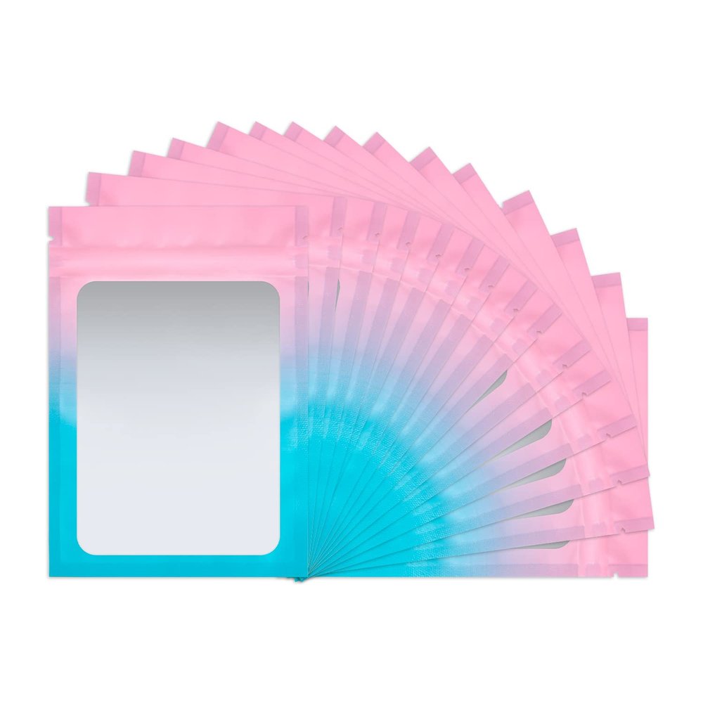 100 Pack Smell Proof Bags 4 x 6 Inch Resealable Mylar Bags with Clear Window Foil Pouch Bag Flat Bag Matte Gradient Color (Pink Blue)