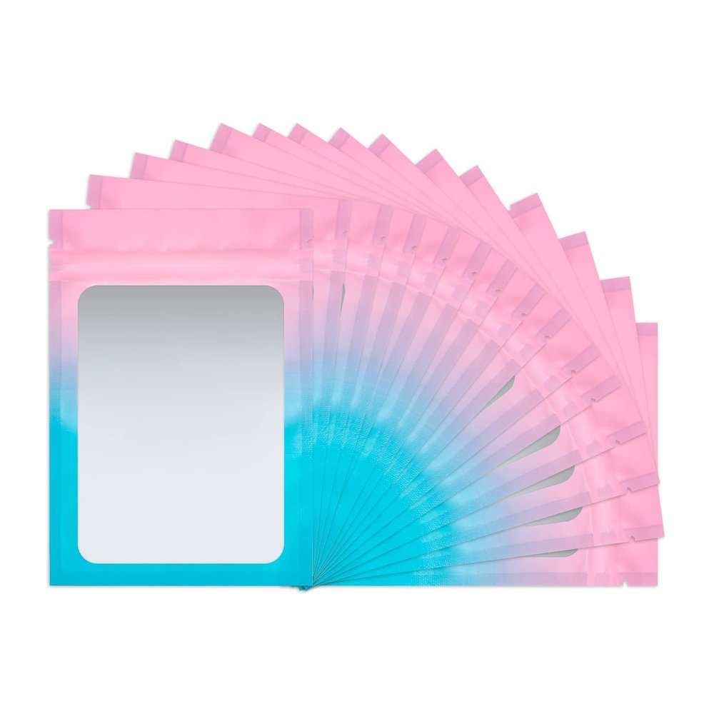 100 Pack Mylar Bags 3 x 4.7 Inch Resealable Smell Proof Bags with Clear Window Foil Pouch Bag Matte Gradient Color (Pink Blue)