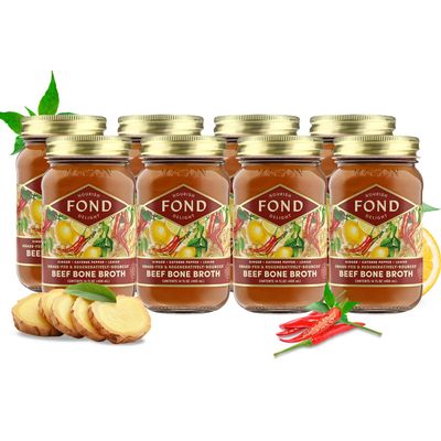 FOND Regenerative Grass Fed Beef Bone Broth Infused with Organic Ginger & Cayenne Slow-Simmered Beef Broth for Rich and Nourishing Flavor, Nutrient-Dense, Artisan Quality 14 oz (8-Pack)