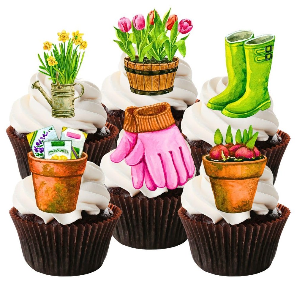 12 Gardener Theme, Green Thumb, Gardening Edible Cupcake Toppers - Stand Up SWEETENED Wafer Cake Decorations