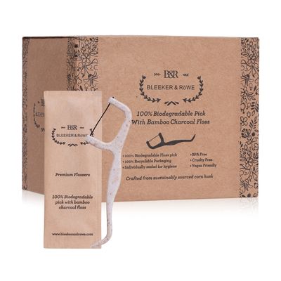 Bleeker and Rowe 100% Biodegradable Individually Wrapped Floss Picks - Eco Friendly Flossers 150 Pack (Biodegradable Bamboo Charcoal Floss)