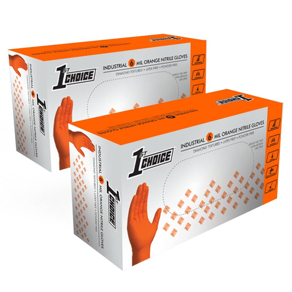 1st Choice 6 mil Orange Gloves, Disposable, Latex Free, Raised Diamond Grip, Mechanic Glove for Men, Large, 2 Boxes of 100