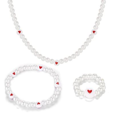 Faux Pearl Necklace Bracelet Ring Jewelry Set 3 Piece Women's Bridal Heart Jewelry