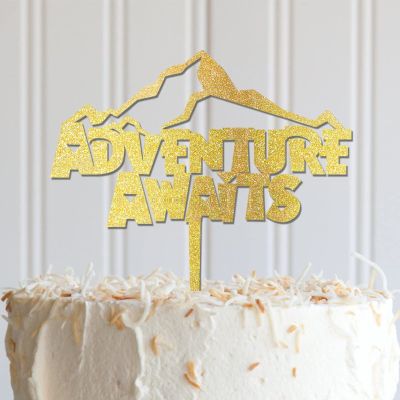 Adventure Awaits Cake Topper Elegant Wooden Happy Birthday Cake Toppers Personalized Travel Themed Any Age Name Happy Birthday Cake Bunting Decor For Birthday Party Cake Supplies Glitter Wood