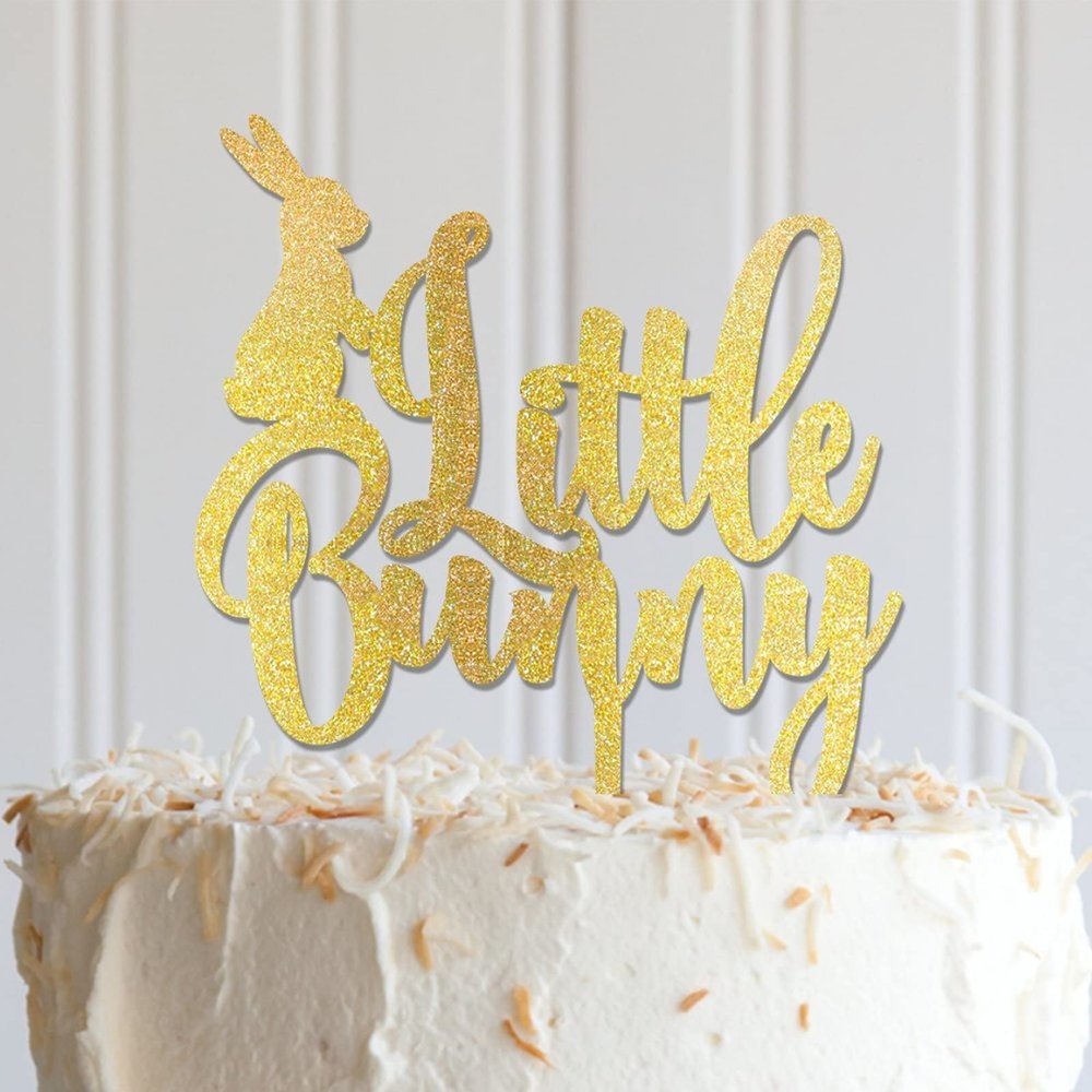 A Little Bunny Cake Topper Durable Wooden Birthday Cake Toppers Customized Happy Easter Children Adult Any Age Name Happy Birthday Cake Bunting Decor For Girl Women Birthday Party Glitter Wood
