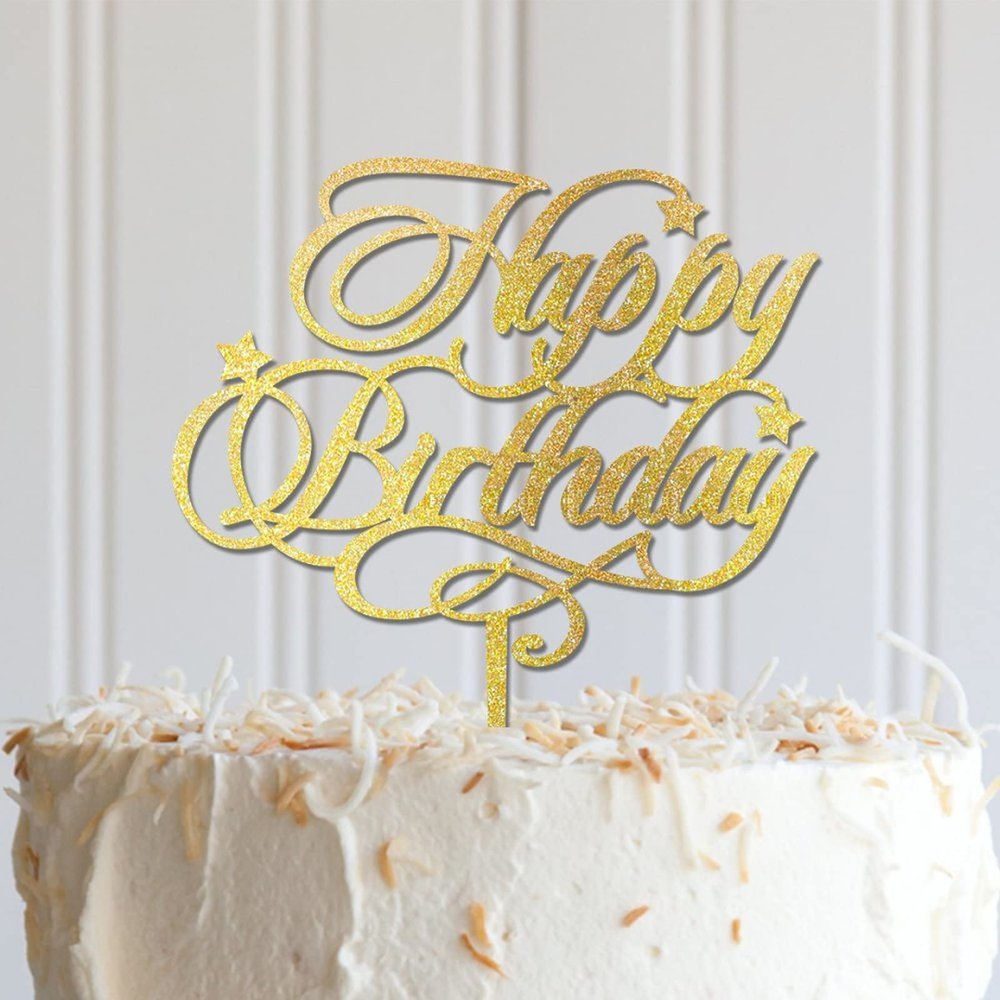 ArogGeld Happy Birthday Cake Topper Classic Wooden Happy Birthday Topper Customized Children Adult Any Age Name Happy Birthday Cake Bunting Decor For Birthday Wedding Anniversary Party Glitter Wood