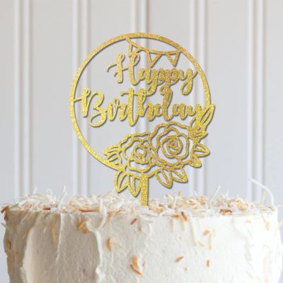ArogGeld Happy Birthday Floral Cake Toppers Funny Wooden Happy Birthday Cake Toppers Custom Baby Grils Boys Any Age NameDecoration For Anniversary Congratulation Birthday Party Favors Glitter Wood