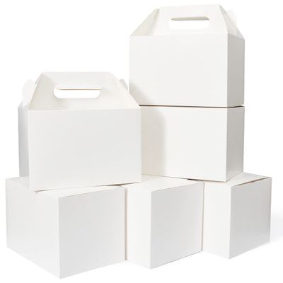 Happyhiram 50 Ct Large Party Gift Boxes with Handle White, 9x6x6 Gable Lunch Boxes Party Favor Boxes Barn Style Carry Out Box Recyclable Welcome Boxes Paper for Cookie Birthday Baby Shower Wedding