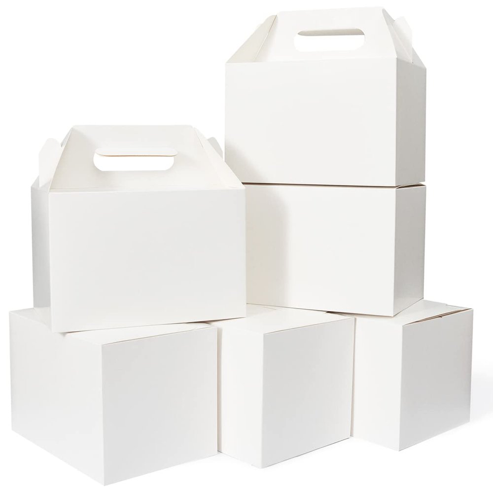 Happyhiram 50 Ct Large Party Gift Boxes with Handle White, 9x6x6 Gable Lunch Boxes Party Favor Boxes Barn Style Carry Out Box Recyclable Welcome Boxes Paper for Cookie Birthday Baby Shower Wedding