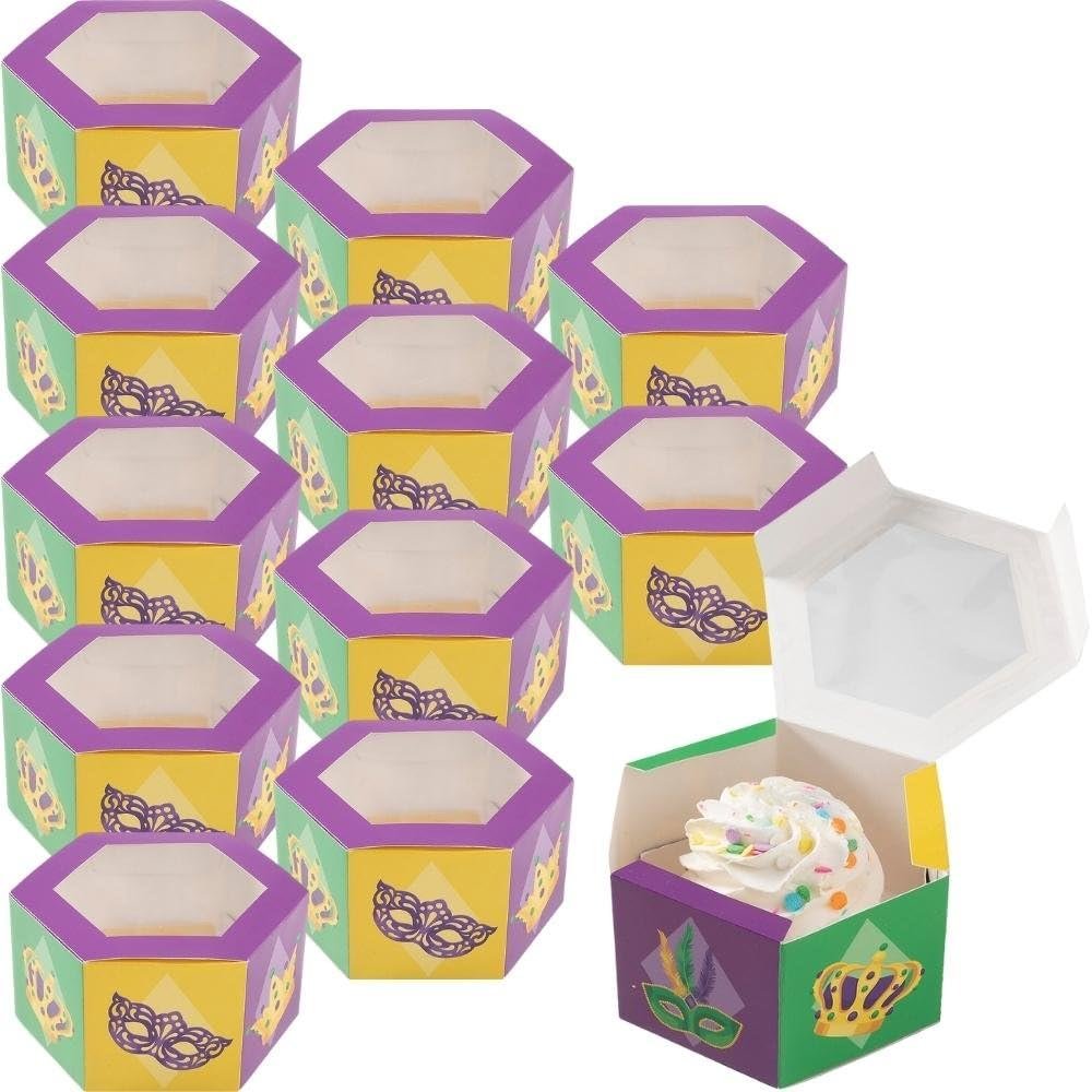 Fun Express Mardi Gras Hexagon Favor Boxes with Window, 12 Piece