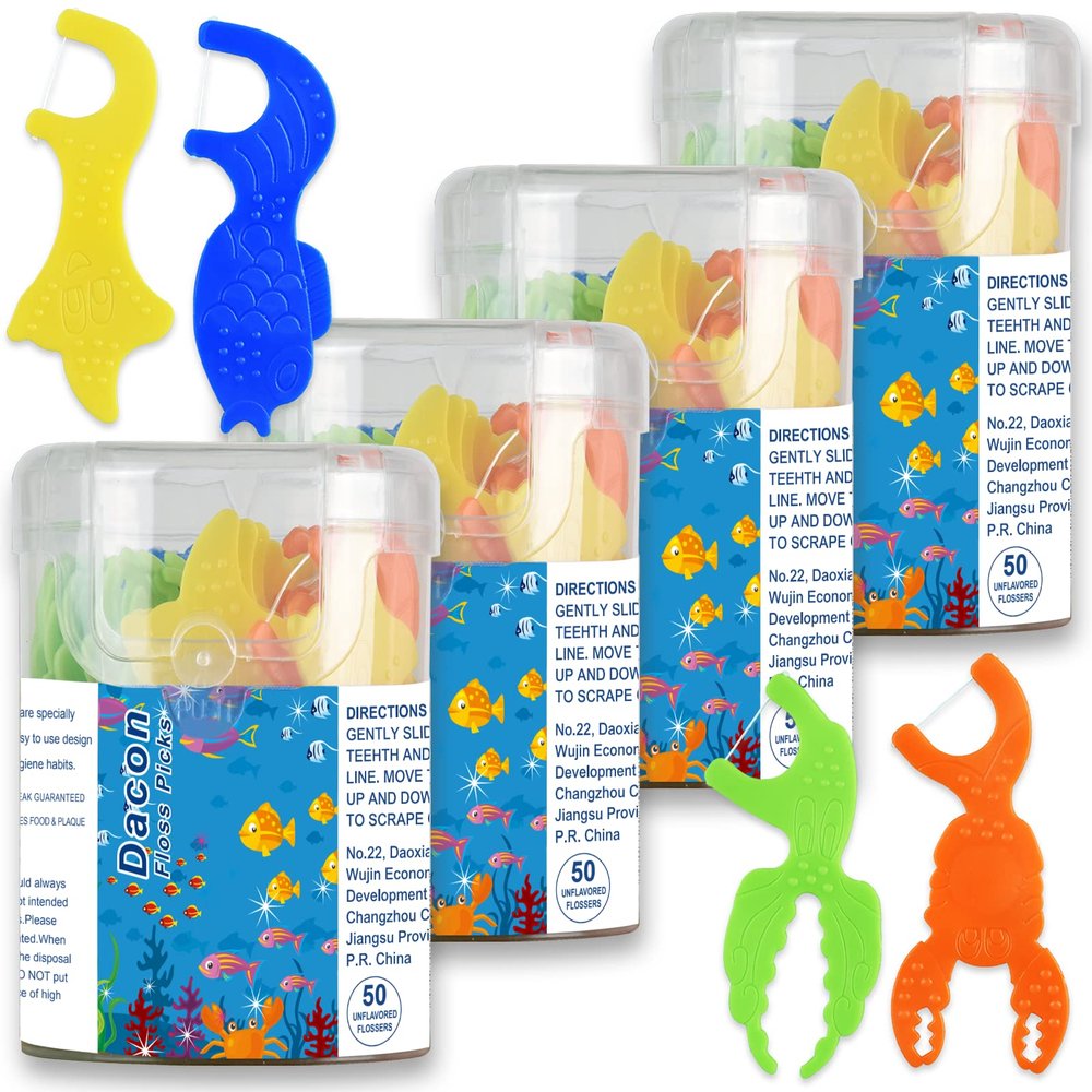 Dacon Kids Flossers, Kids Dental Floss Picks Without Fluoride, Unflavored, 4 Colors Ocean Animals Shaped Makes Flossing Fun, 50 Count (Pack of 4)