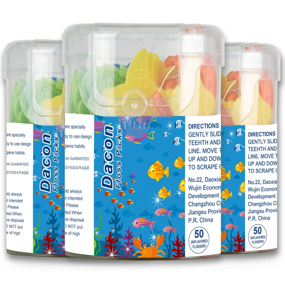 Dacon Kids Flossers, Kids Dental Floss Picks Without Fluoride, Unflavored, 4 Colors Ocean Animals Shaped Makes Flossing Fun, 50 Count (Pack of 3)