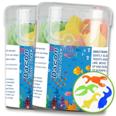 Dacon Kids Flossers, Kids Dental Floss Picks Without Fluoride, Unflavored, 4 Colors Ocean Animals Shaped Makes Flossing Fun, 50 Count (Pack of 2)