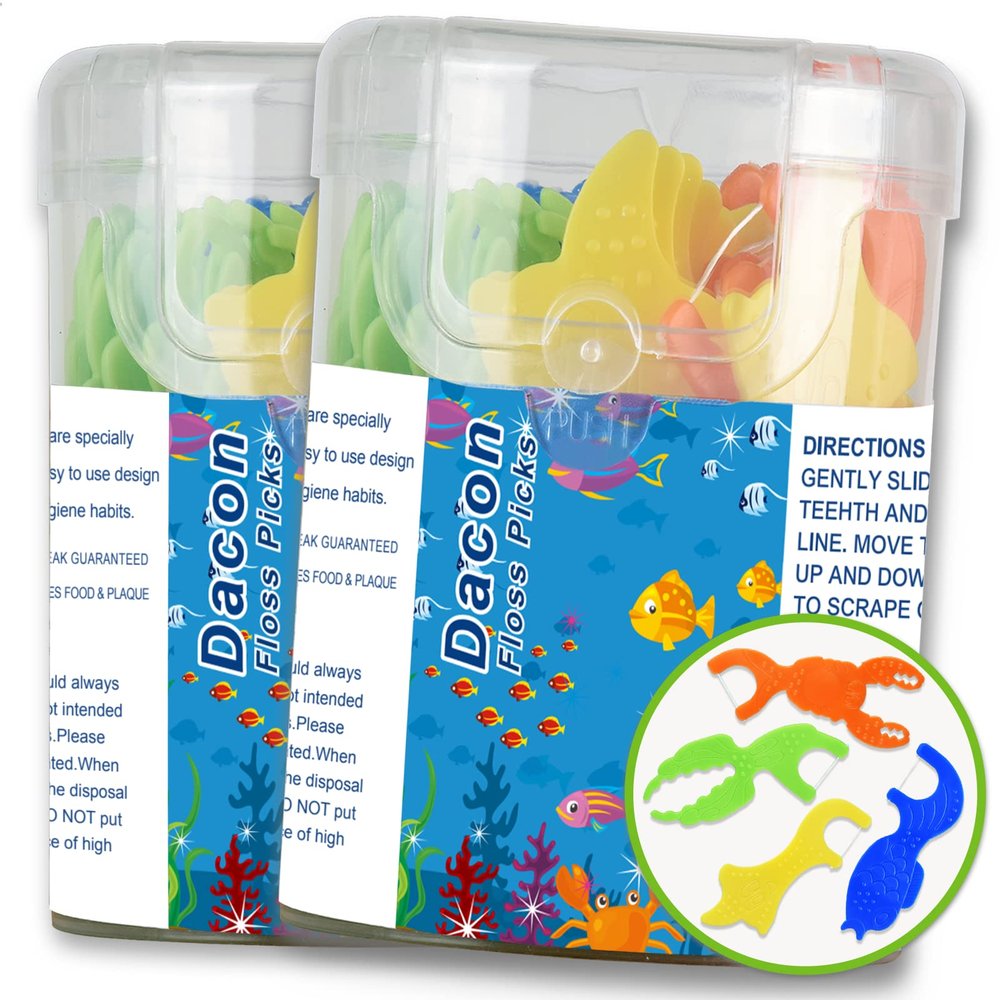 Dacon Kids Flossers, Kids Dental Floss Picks Without Fluoride, Unflavored, 4 Colors Ocean Animals Shaped Makes Flossing Fun, 50 Count (Pack of 2)