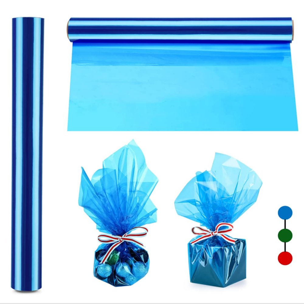 shareluck 100ft Blue Cellophane Wrap Roll (100ft. x 17 in. x 2.3 Mil Thick) - Blue Transparent Cellophane Roll for Gift Basket Wrap - Plastic Wrap for Baby Shower Decorations, Treats.