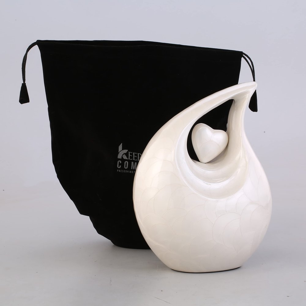Large White Teardrop Urn with White Heart for Human Ashes Male - Urns for Adult Men and Women - Cremation Urns for Ash, Funeral/Burial Urns, Decorative and Keepsake ERN, Heart Urn, 2.5 LTR
