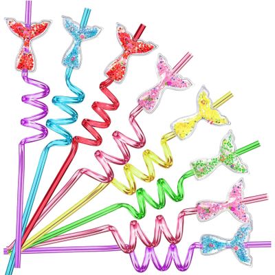 24 Glitter Mermaid Party Favors Mermaid Tail Drinking Straws for Mermaid Birthday Party Supplies with 2 PCS Straws Cleaning Brush