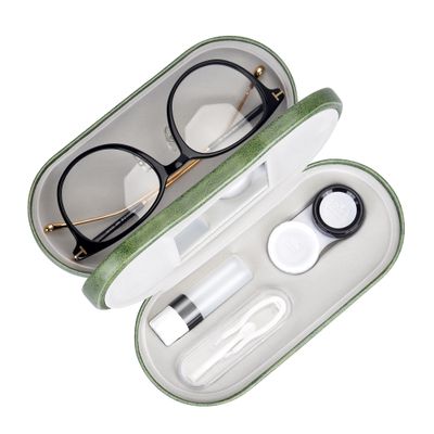 Muf 2 in 1 Contact Lens Case and Glasses Case, Double Sided Design with Mirror, Portable Travel Kit with Tweezer, Remover and Solution Bottle, Green
