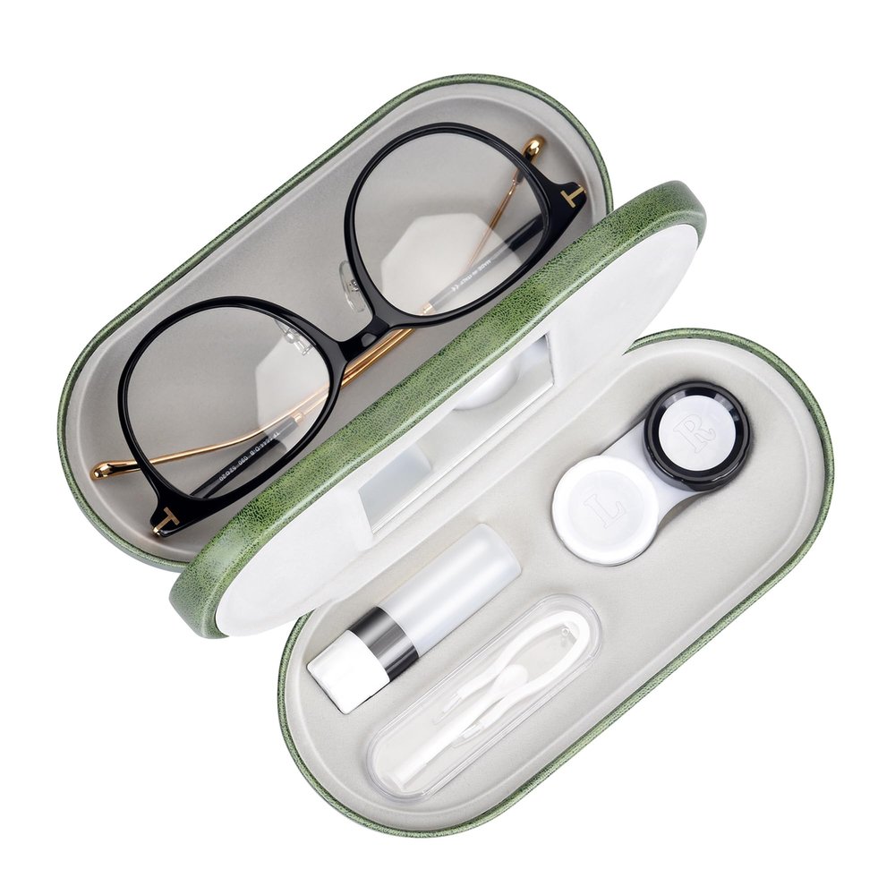 Muf 2 in 1 Contact Lens Case and Glasses Case, Double Sided Design with Mirror, Portable Travel Kit with Tweezer, Remover and Solution Bottle, Green