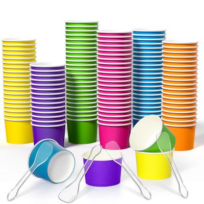Boao 100 Set 5 oz Ice Cream Cups with Spoons Disposable Paper Sundae Dessert Bowls Summer Party Supplies (Colorful Style)