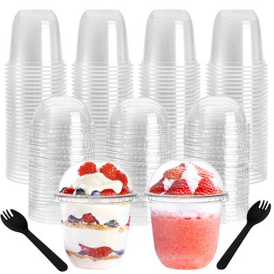 Nicunom 100 Pack 12 oz Clear Dessert Cups with No Hole Dome Lids & Sporks, Plastic Parfait Cups, No Leaking Disposable Party Cup for Ice Cream Fruit Cake Snack Yogurt Cold Drink