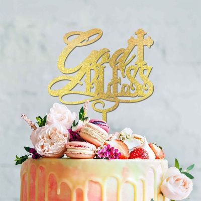 Personalized Christening Cross Cake Topper Baptism Cake Topper for Girl Boy Custom Name Golden Glitter God Bless Cake Topper First Communion Gift