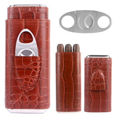 KEENSUN Cigar Case- 3 Finger Leather Travel Cedar Wood Lined Cigar Humidor with Silver Stainless Cigar Cutter, Great Gift for Men