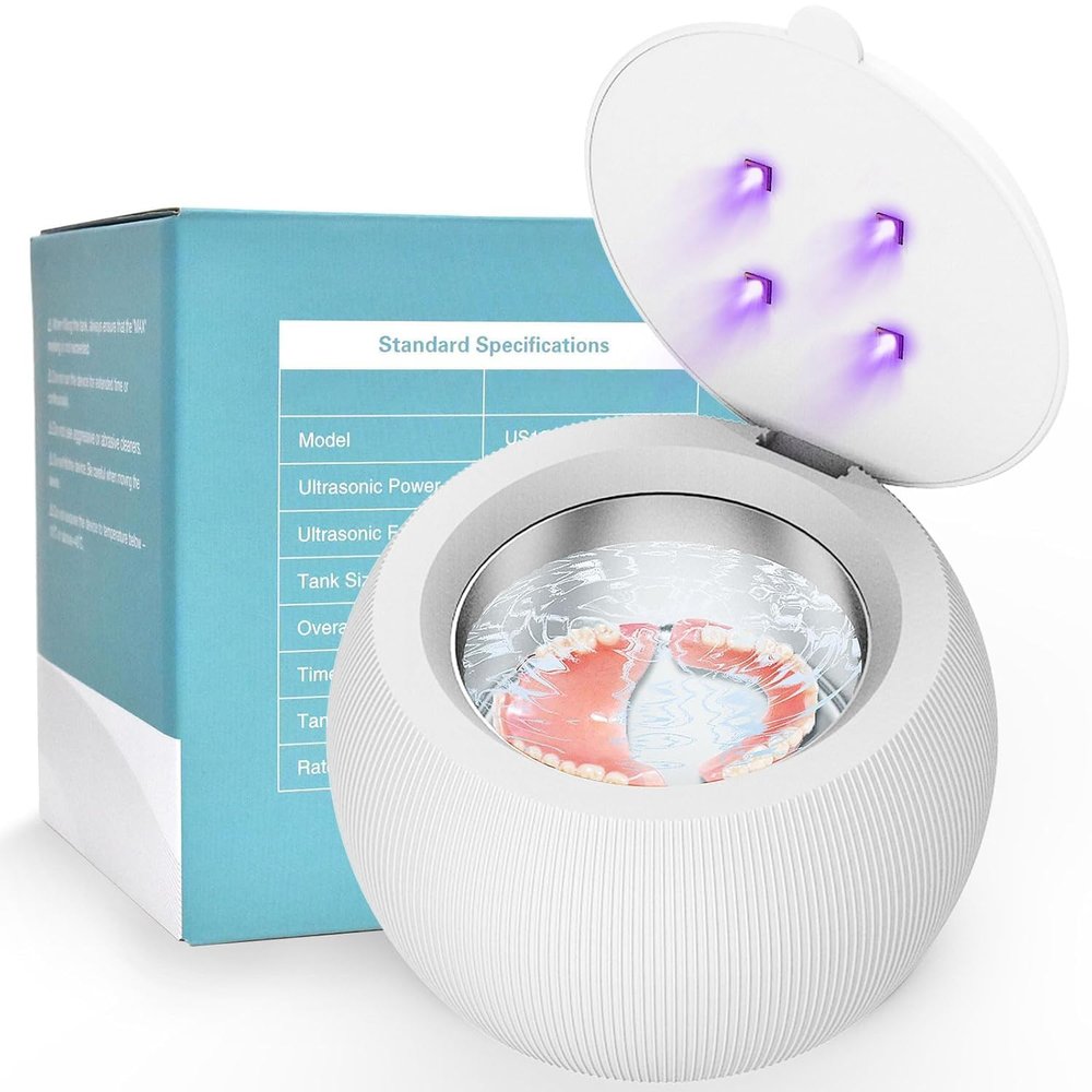 Voraiya Ultrasonic UV Cleaner for Dentures, Aligner, Retainer, Whitening Trays, Night Dental Mouth Guard, Toothbrush Head, Ultrasonic Jewelry Cleaner Machine for all dental Appliances, Diamon (White)