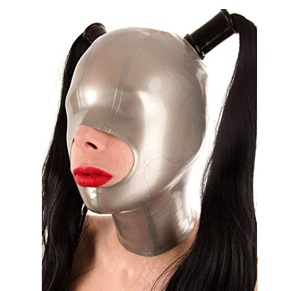 Yilen Latex Hood Women Latex Party Mask Open for The Nose and Chin with Double Ponytail Wigs Silver Latex Mask (XL, Silver-no tube no wigs)