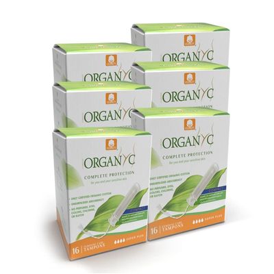 Organyc - 100% Certified Organic Cotton Tampons - Plant-Based Eco-Applicator, Super Plus, 16 Count(Pack of 6)