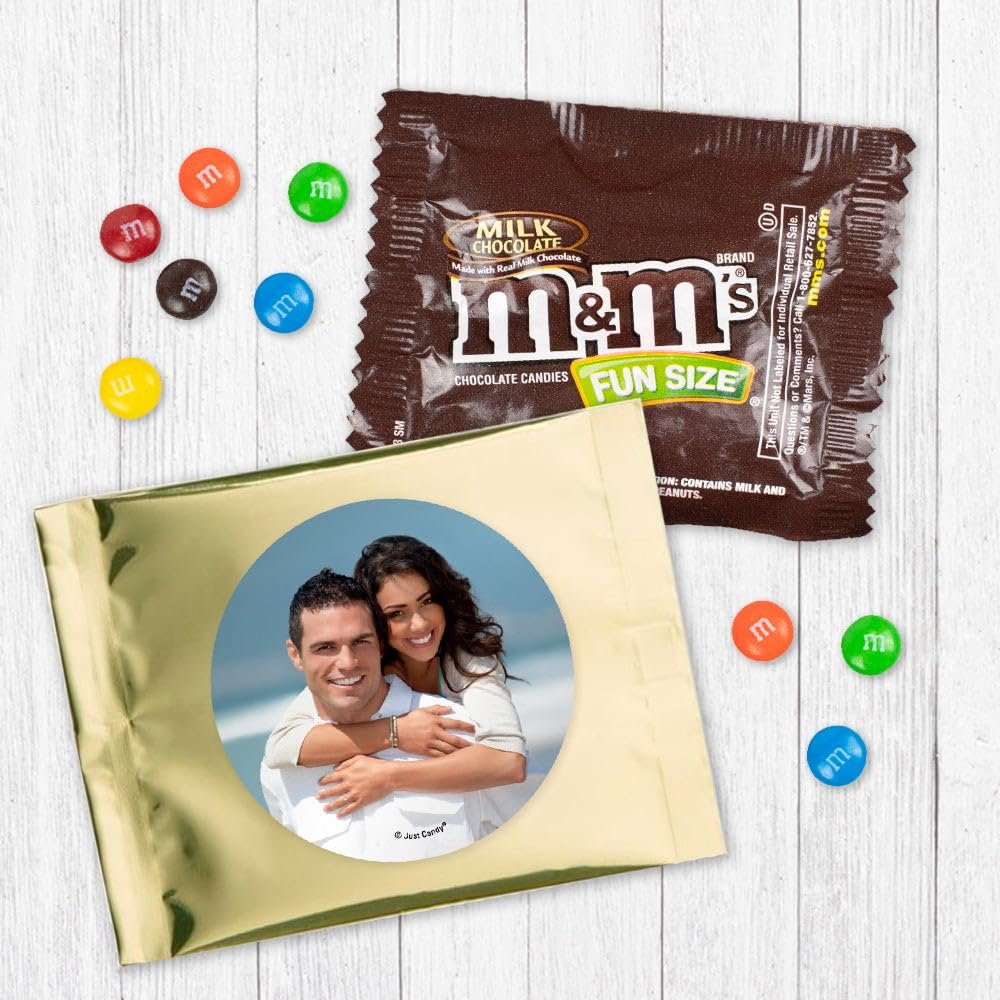 12ct Personalized Wedding Favors with Photo M&M's Candy Fun Size Bags (12 Pack) - Gold Foil - Fully Assembled Bulk Candy with Brand