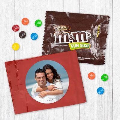 12ct Personalized Wedding Favors with Photo M&M's Candy Fun Size Bags (12 Pack) - Red Foil - Fully Assembled Bulk Candy with Brand