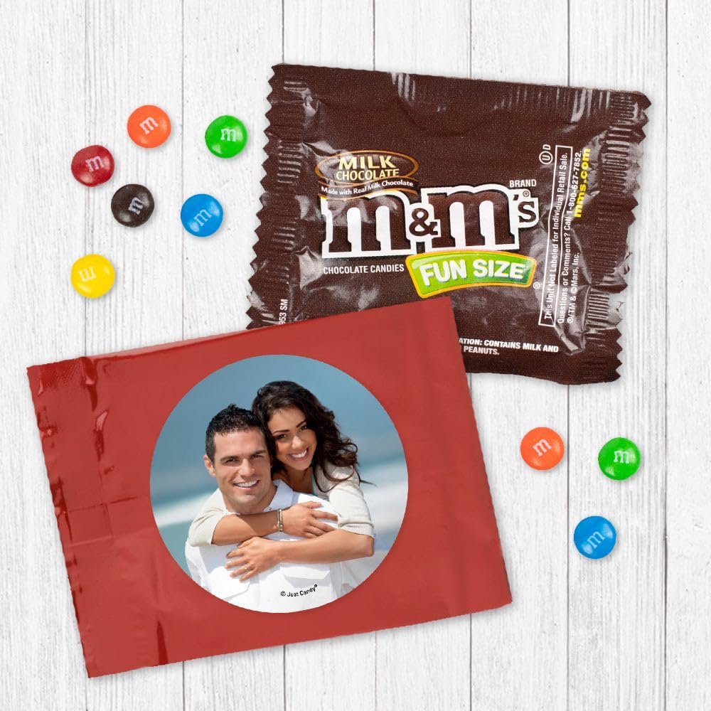 12ct Personalized Wedding Favors with Photo M&M's Candy Fun Size Bags (12 Pack) - Red Foil - Fully Assembled Bulk Candy with Brand