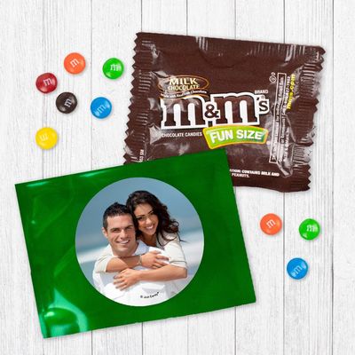 12ct Personalized Wedding Favors with Photo M&M's Candy Fun Size Bags (12 Pack) - Green Foil Fully Assembled Bulk Candy with Brand