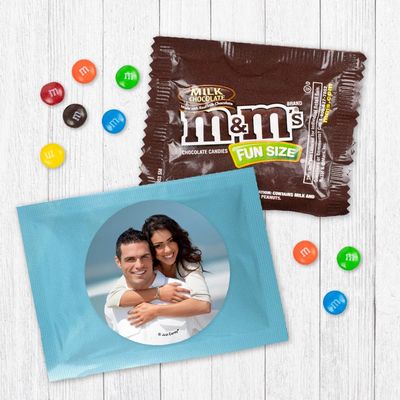 12ct Personalized Wedding Favors with Photo M&M's Candy Fun Size Bags (12 Pack) - Light Blue Foil - Fully Assembled Chocolate Party Favors (3x4 in)