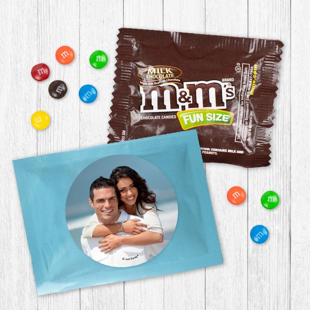12ct Personalized Wedding Favors with Photo M&M's Candy Fun Size Bags (12 Pack) - Light Blue Foil - Fully Assembled Chocolate Party Favors (3x4 in)