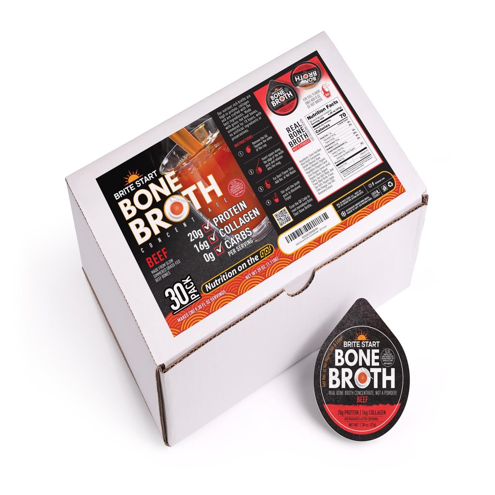 Brite Start Bone Broth - Beef Bone Broth - 30 Count - Keto Friendly Concentrate Packed with 16g Collagen, 20g Paleo Protein -Made from Grass Fed Beef Bones- Single Serve Packets